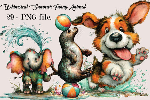 Whimsical Summer Funny Animal Clipart Bundle. Sublimation SVGArt 