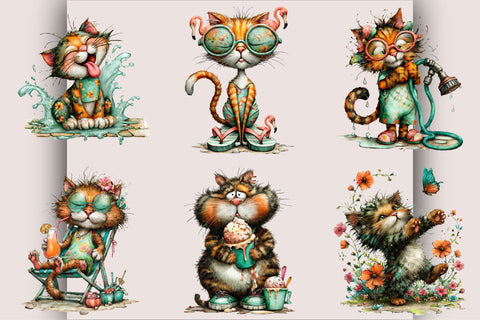 Whimsical Summer Funny Cat Clipart Bundle. Sublimation SVGArt 