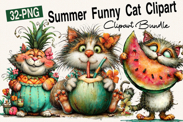 Whimsical Summer Funny Cat Clipart Bundle. Sublimation SVGArt 