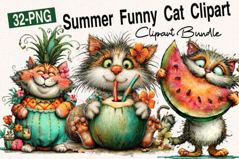 Whimsical Summer Funny Cat Clipart Bundle. Sublimation SVGArt 