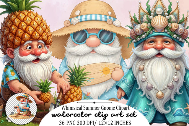 Whimsical Summer Gnome Clipart Bundle. Sublimation SVGArt 