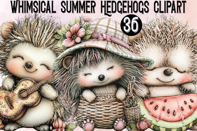 Whimsical Summer Hedgehogs Clipart Bundle. Sublimation SVGArt 