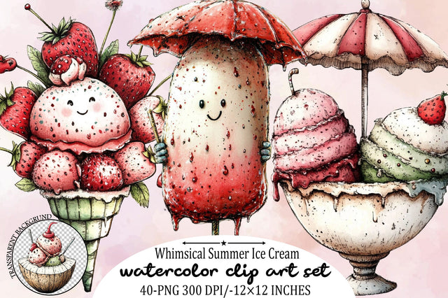 Whimsical Summer Ice Cream Clipart Bundle. Sublimation SVGArt 