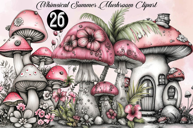 Whimsical Summer Mushroom Clipart Bundle. Sublimation SVGArt 