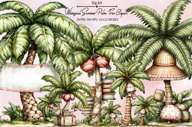 Whimsical Summer Palm Tree Clipart Bundle. Sublimation SVGArt 