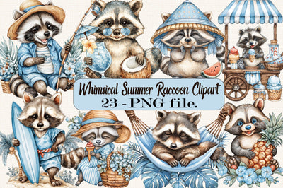 Whimsical Summer Raccoon Clipart Bundle. Sublimation SVGArt 