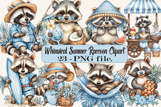 Whimsical Summer Raccoon Clipart Bundle. Sublimation SVGArt 