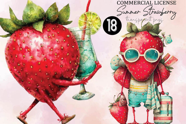 Whimsical Summer Strawberry Clipart Bundle. Sublimation SVGArt 