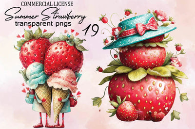 Whimsical Summer Strawberry Clipart Bundle. Sublimation SVGArt 