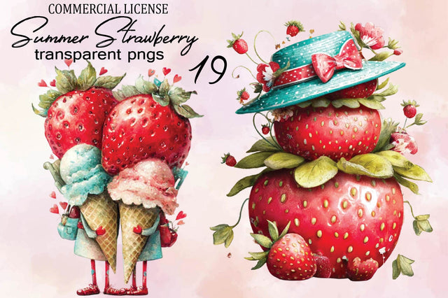 Whimsical Summer Strawberry Clipart Bundle. Sublimation SVGArt 