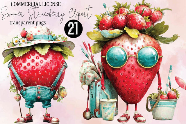 Whimsical Summer Strawberry Clipart Bundle. Sublimation SVGArt 