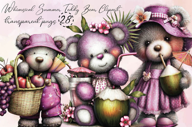 Whimsical Summer Teddy Bear Clipart Bundle. Sublimation SVGArt 