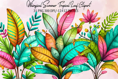 Whimsical Summer Tropical Leaf Clipart Bundle. Sublimation SVGArt 