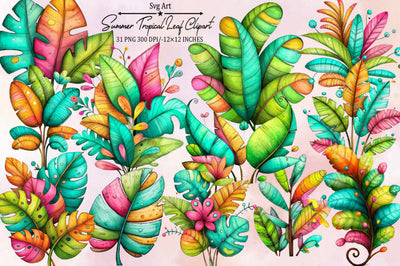 Whimsical Summer Tropical Leaf Clipart Sublimation SVGArt 