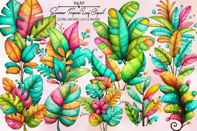 Whimsical Summer Tropical Leaf Clipart Sublimation SVGArt 