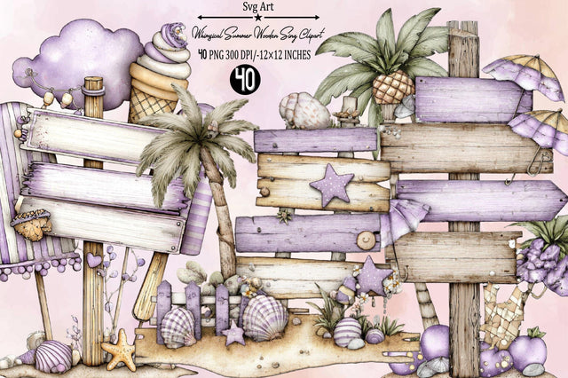 Whimsical Summer Wooden Sing Clipart Bundle. Sublimation SVGArt 