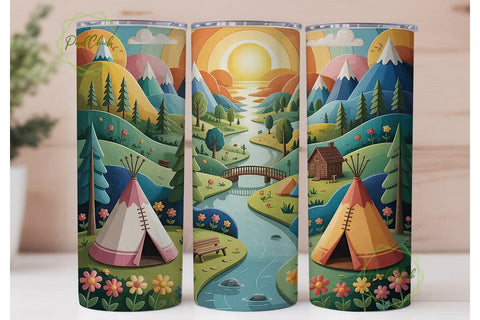 Whimsical Teepee Landscape Tumbler Wrap Sublimation PixelChick 