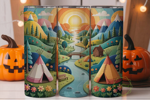 Whimsical Teepee Landscape Tumbler Wrap Sublimation PixelChick 