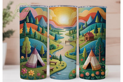 Whimsical Teepee Landscape Tumbler Wrap Sublimation PixelChick 