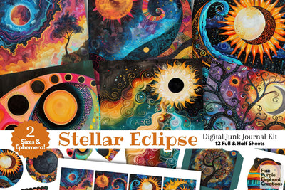 Whimsical Total Solar Eclipse Digital Junk Journal Kit Half Pages | Cosmic Celestial Event Digital Pattern Fine Purple Elephant Creations 