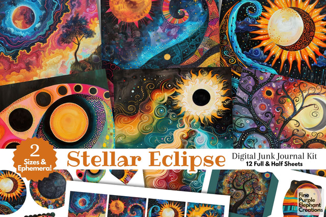Whimsical Total Solar Eclipse Digital Junk Journal Kit Half Pages | Cosmic Celestial Event Digital Pattern Fine Purple Elephant Creations 