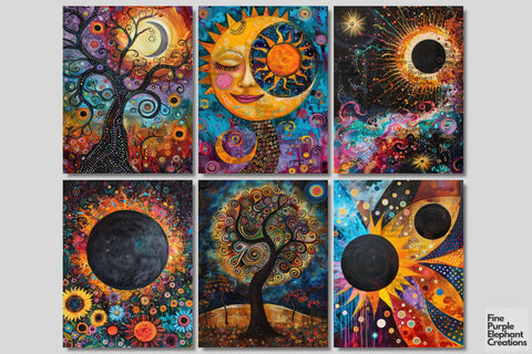 Whimsical Total Solar Eclipse Digital Junk Journal Kit Half Pages | Cosmic Celestial Event Digital Pattern Fine Purple Elephant Creations 