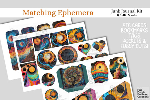 Whimsical Total Solar Eclipse Digital Junk Journal Kit Half Pages | Cosmic Celestial Event Digital Pattern Fine Purple Elephant Creations 