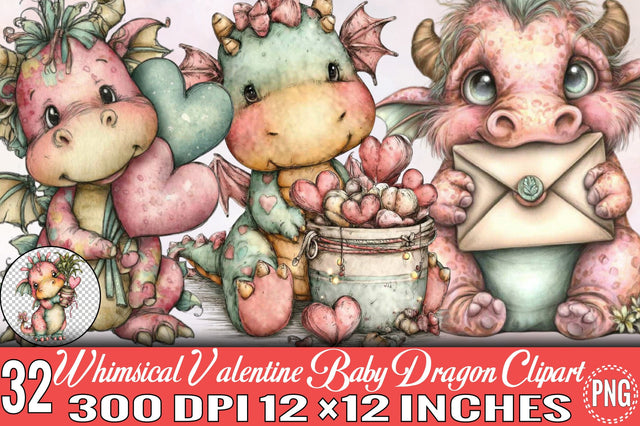 Whimsical Valentine Baby Dragon Clipart Bundle. Sublimation SVGArt 