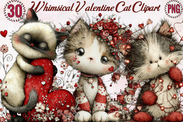 Whimsical Valentine Cat Clipart Bundle. Sublimation SVGArt 