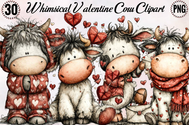 Whimsical Valentine Cow Clipart Bundle. Sublimation SVGArt 