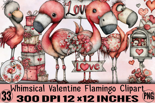Whimsical Valentine Flamingo Clipart Bundle. Sublimation SVGArt 