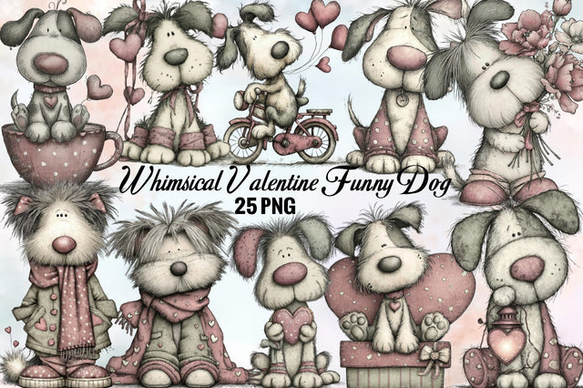 Whimsical Valentine Funny Dog Clipart Bundle. Sublimation SVGArt 