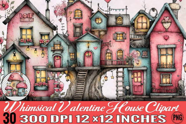 Whimsical Valentine House Clipart Bundle. Sublimation SVGArt 
