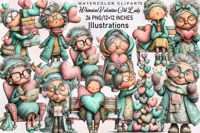 Whimsical Valentine Old Lady Clipart Bundle. Sublimation SVGArt 