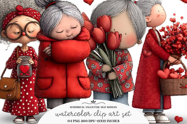 Whimsical Valentine Old Woman Clipart Sublimation designmaster24 
