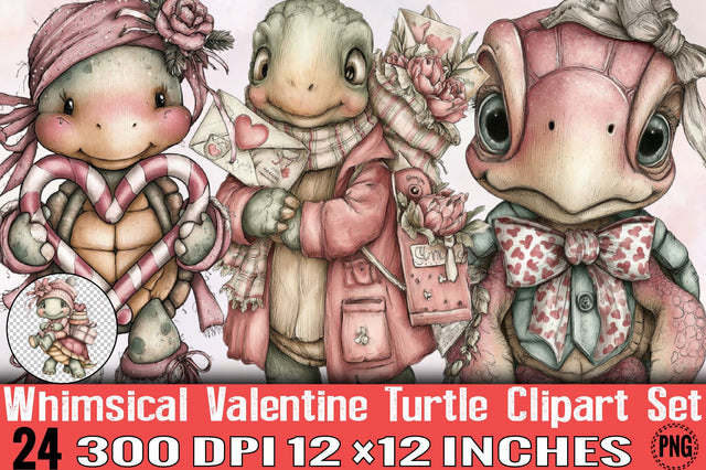 Whimsical Valentine Turtle Clipart Set Bundle. Sublimation SVGArt 