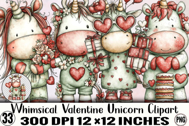 Whimsical Valentine Unicorn Clipart Bundle. Sublimation SVGArt 