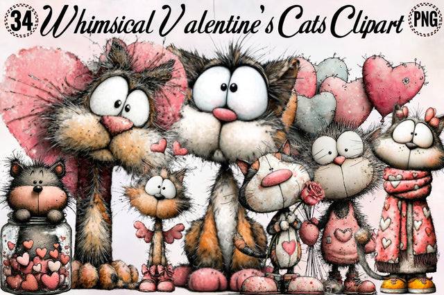 Whimsical Valentine's Cats Clipart Bundle. Sublimation SVGArt 