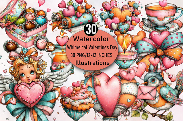 Whimsical Valentines Day Clipart Bundle. Sublimation SVGArt 