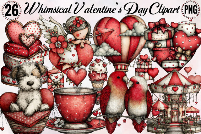 Whimsical Valentines Day Clipart Bundle. Sublimation SVGArt 