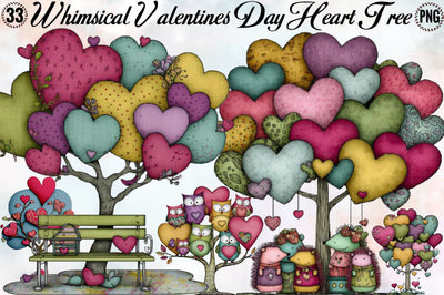 Whimsical Valentines Day Heart Tree Clipart Bundle. Sublimation SVGArt 