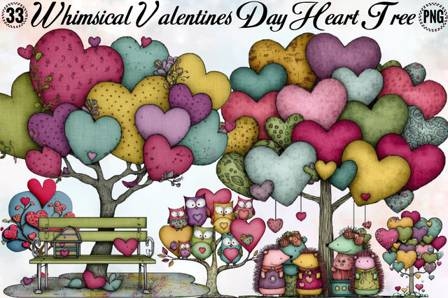 Whimsical Valentines Day Heart Tree Clipart Bundle. Sublimation SVGArt 
