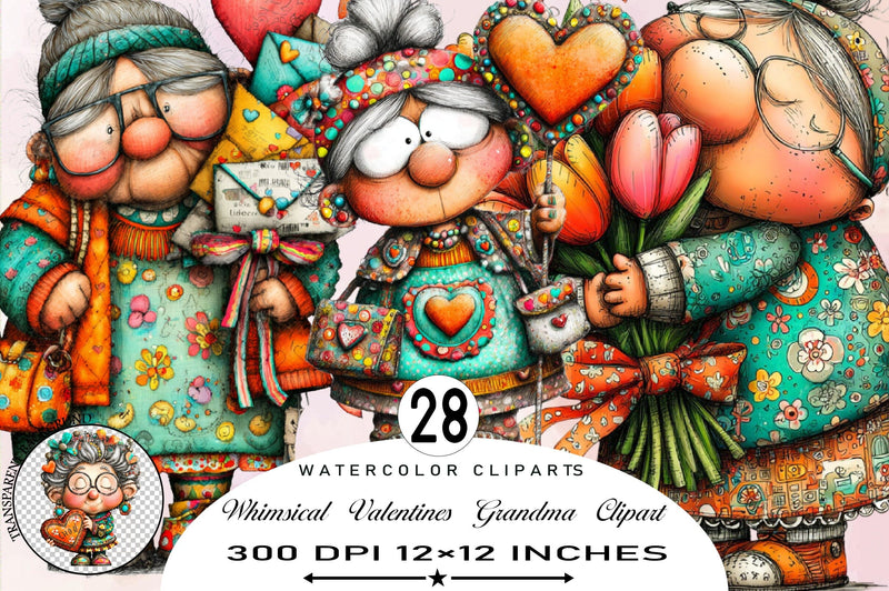 Whimsical Valentines Grandma Clipart Bundle. Sublimation SVGArt 