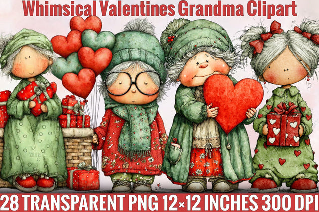 Whimsical Valentines Grandma Clipart Bundle. Sublimation SVGArt 
