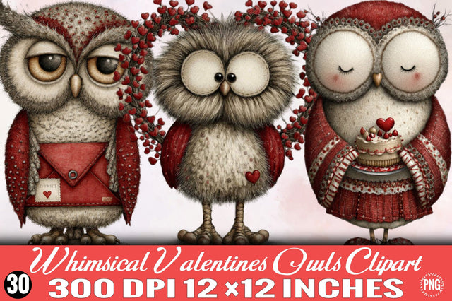 Whimsical Valentines Owls Clipart Sublimation SVGArt 