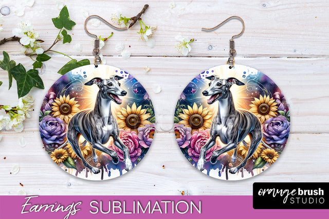 Whippet Earrings - Dog Mom Floral Round Earring Sublimation Sublimation OrangeBrushStudio 