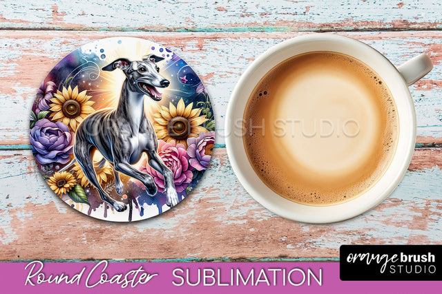 Whippet Round Coaster - Dog Mom Floral Coaster Sublimation Sublimation OrangeBrushStudio 