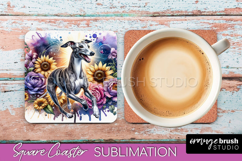 Whippet Square Coaster - Dog Mom Floral Coaster Sublimation Sublimation OrangeBrushStudio 