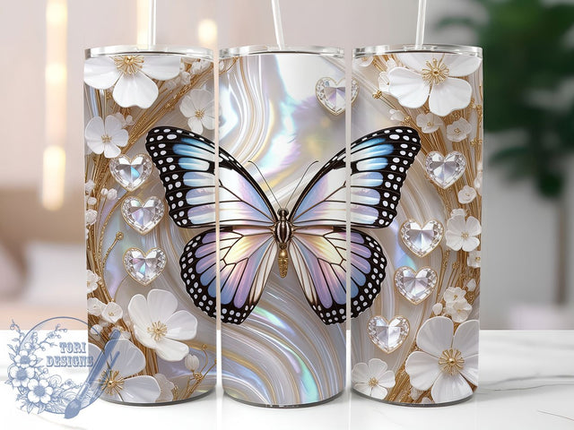 White 3D Floral Butterfly 20oz Tumbler, 3D Floral Cup Wrap, Elegant Butterfly Design, Sublimation Tumbler Wrap, 20Oz Tumbler Design, Artistic Floral Cup, Stylish Butterfly Wrap Sublimation ToriDesigns 