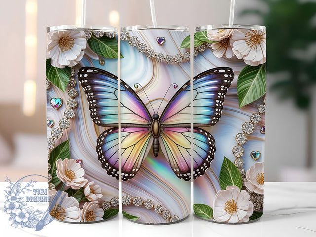White 3D Floral Butterfly 20oz Tumbler, 3D Floral Cup Wrap, Elegant Butterfly Design, Sublimation Tumbler Wrap, 20Oz Tumbler Design, Artistic Floral Cup, Stylish Butterfly Wrap Sublimation ToriDesigns 